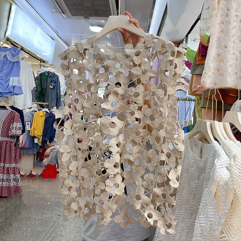 Fashion Women Simple Loose Fashion Hollow Out Lace Sleeveless Blouse