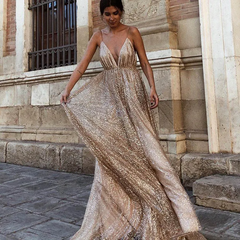 Glittering Women Sexy V Neck Backless Swing Maxi Dress