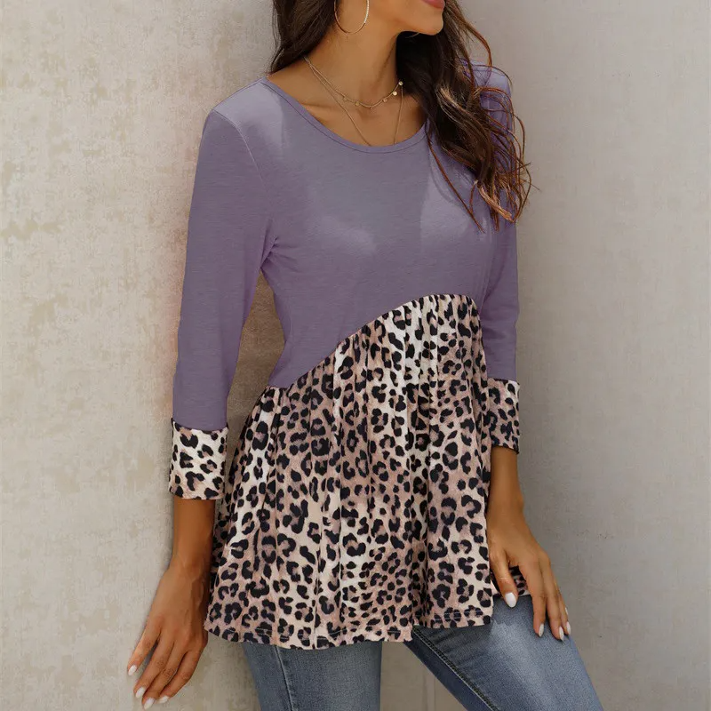 Women Fashion Leopard Print Patchwork Long Sleeve Top