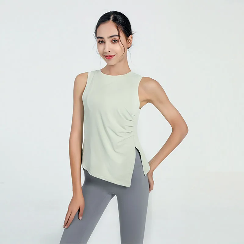 Women Casual Loose Solid Color Round Neck Sleeveless Side Slit Sports Tank Top