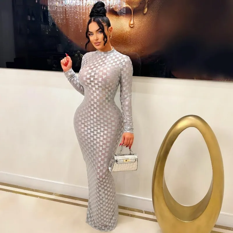 Women Fashion Sexy Mesh Long Sleeve Hollow Maxi Dress