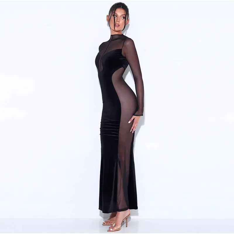 Women Sexy Hollow See-Through Mesh Velvet Patchwork Long Sleeve Round Neck Maxi Dress