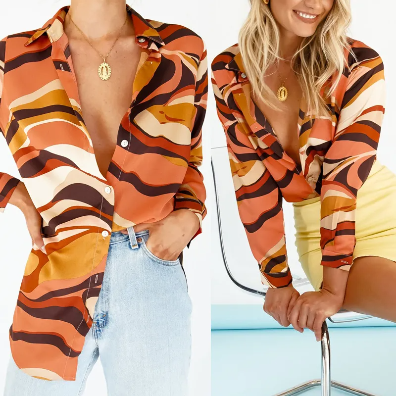 Women Edgy Single-Breasted Long Sleeves Lapel Tie Dye Printed Blouse