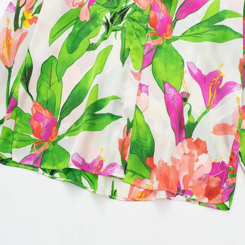 Summer Women Long Sleeve Green Floral Print Vacation Blouse