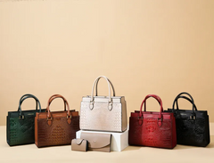 Women Fashion Retro Large Capacity Crocodile Pattern Handbag Purse Set
