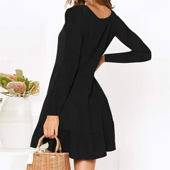 Women Solid Color V Neck Single-Breasted Dress