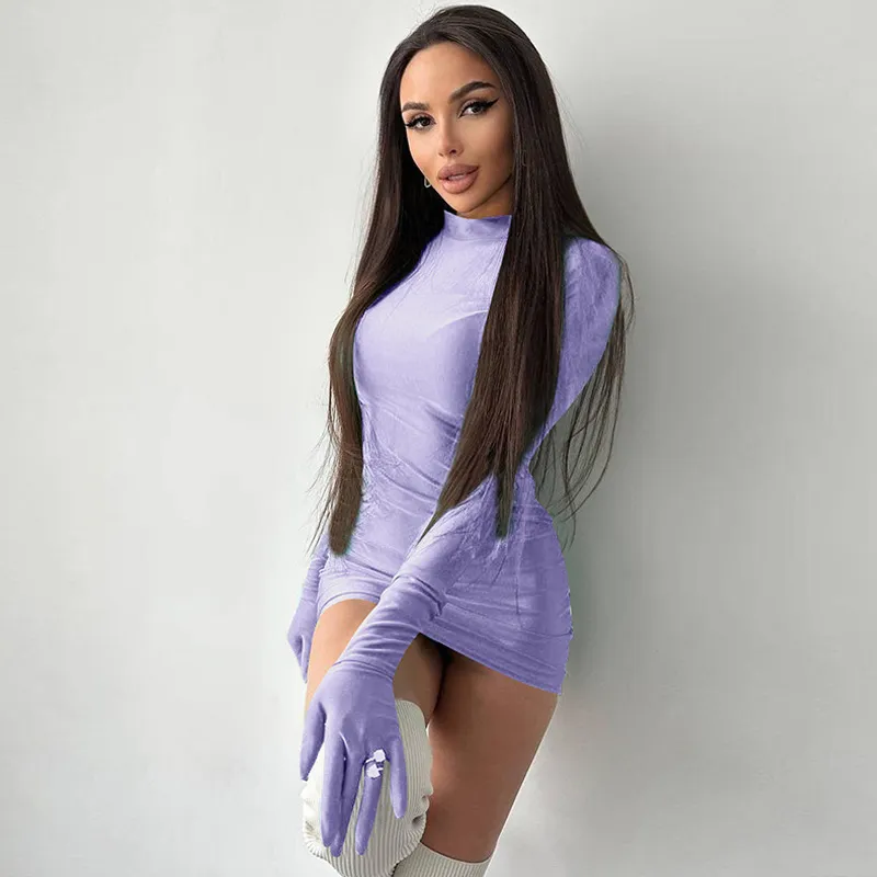 High Neck Long Sleeve Gloves Bodycon Dress