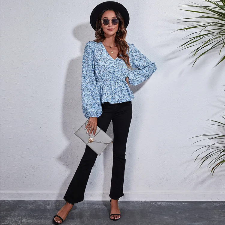 Women Casual Elegant Sweet Floral Print Long Puff Sleeve V Neck Chiffon Blouse