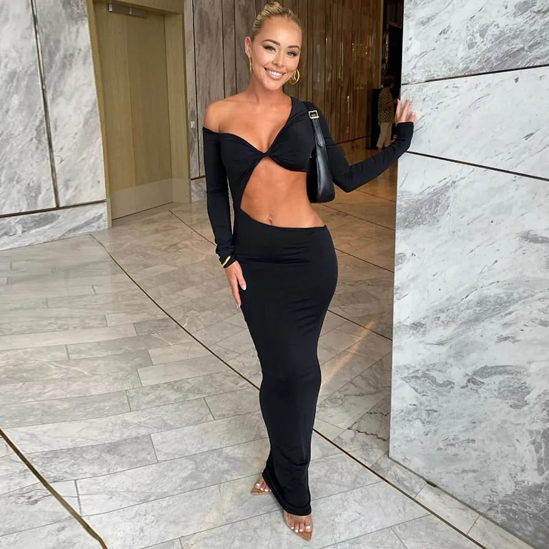 Women Fashion Sexy V-Neck Long Sleeve Hollow Maxi Dress