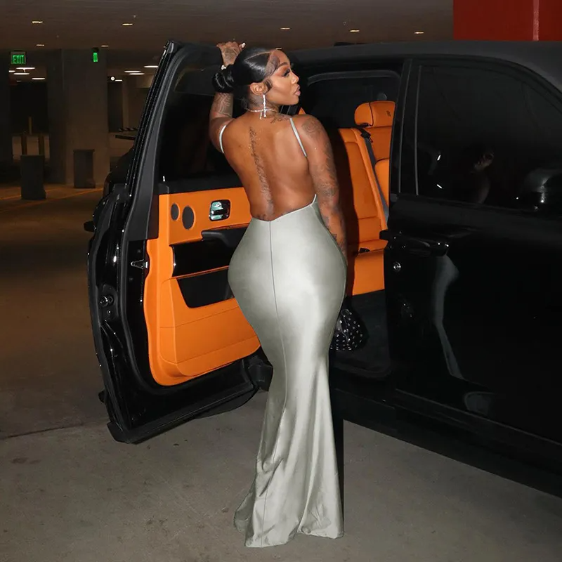 Women Fashion Sexy V-Neck Strap Backless Solid Color Maxi Dress
