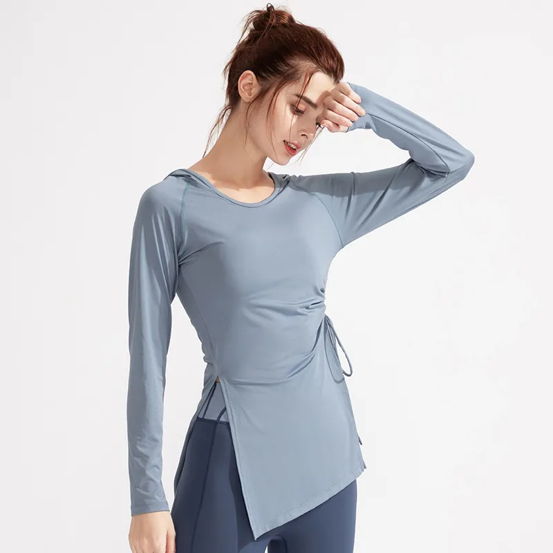 Women Fashion Solid Color Long Sleeve Drawstring Split Sports Yoga Top