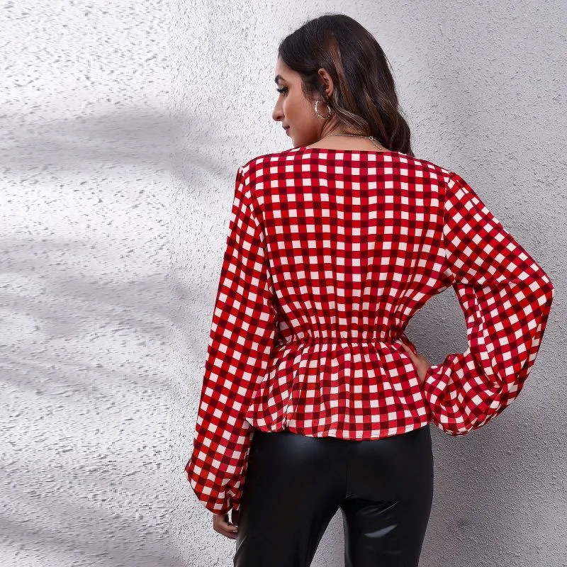 Women Casual Plaid Printed Lantern Defined Waist V Neck Long-Sleeved Chiffon Blouse