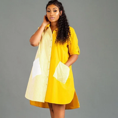 Women Block Color Single-Breasted Casaul Loose Dress