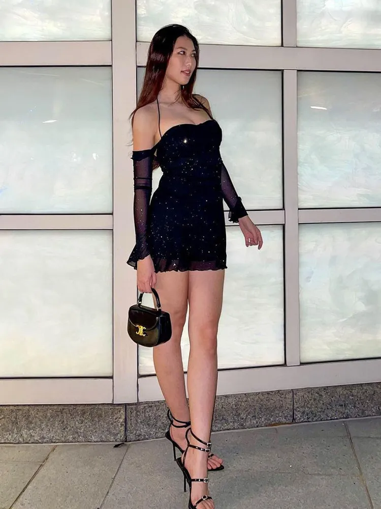 Sexy Mesh Sleeve Backless Mini Dress