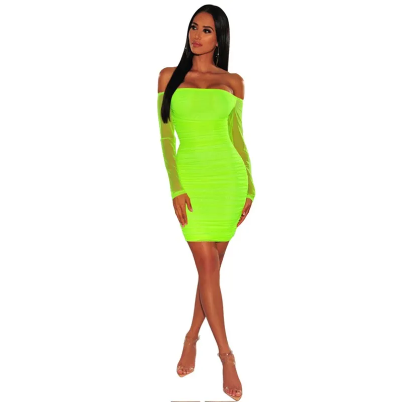 Women Sexy Solid Color Off Shoulder Long Sleeve Back Zipper Creased Dress