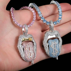 Hip-Hop Dollar Mouth Tongue Pendant Personality Zircon Necklace