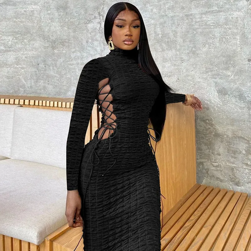 Women Edgy Basic Solid Color Autumn Fashion Turtle Neck Long Sleeve Bodycon Dress
