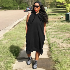 Plus Size Casual Women Summer Loose Large Size Fashion Solid Color Sleeveless Hooded Maxi Dress