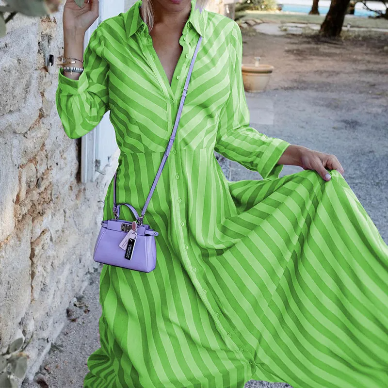 Women Fashion Casual Stripe Long Sleeve Maxi Dress