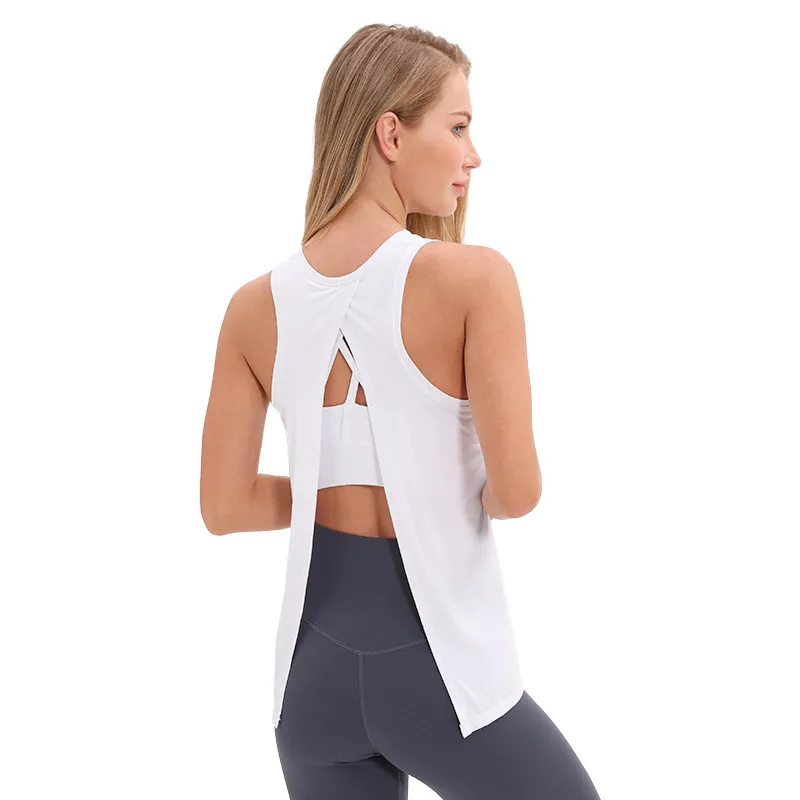 Women Casual Loose Solid Color Round Neck Sleeveless Back Split Sports Tank Top