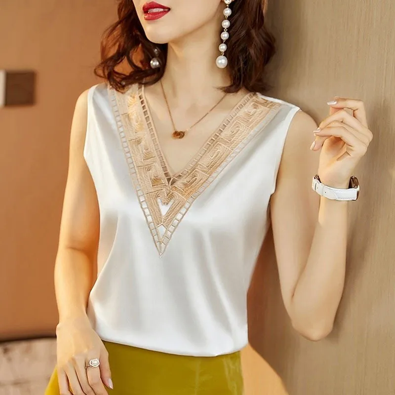 Women Satin Lace Patchwork Sleeveless V Neck Elegant Blouse