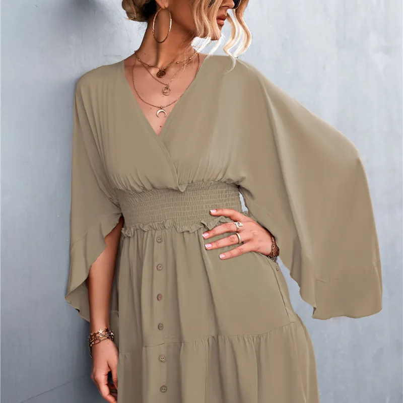 Women Basic Elegant V Neck Summer Irregular Backless Solid Color Loose Dress