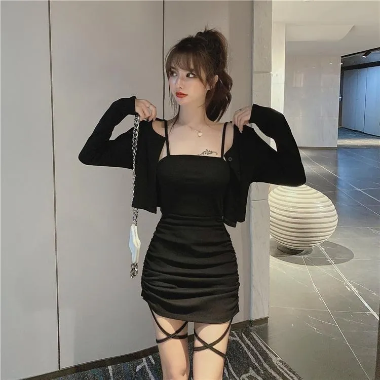 Sexy Elegant Basic Solid Color Long Sleeves Top And Irregular Dress Set