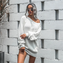 Winter Women Casual Solid Color Long Sleeve Knitted Mini Dress