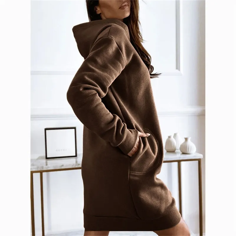 Winter Women Casual Hooded Long-Sleeved Solid Color Dress