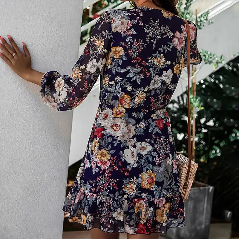 Women Fashion Flower Printed V Neck Wrap Dress
