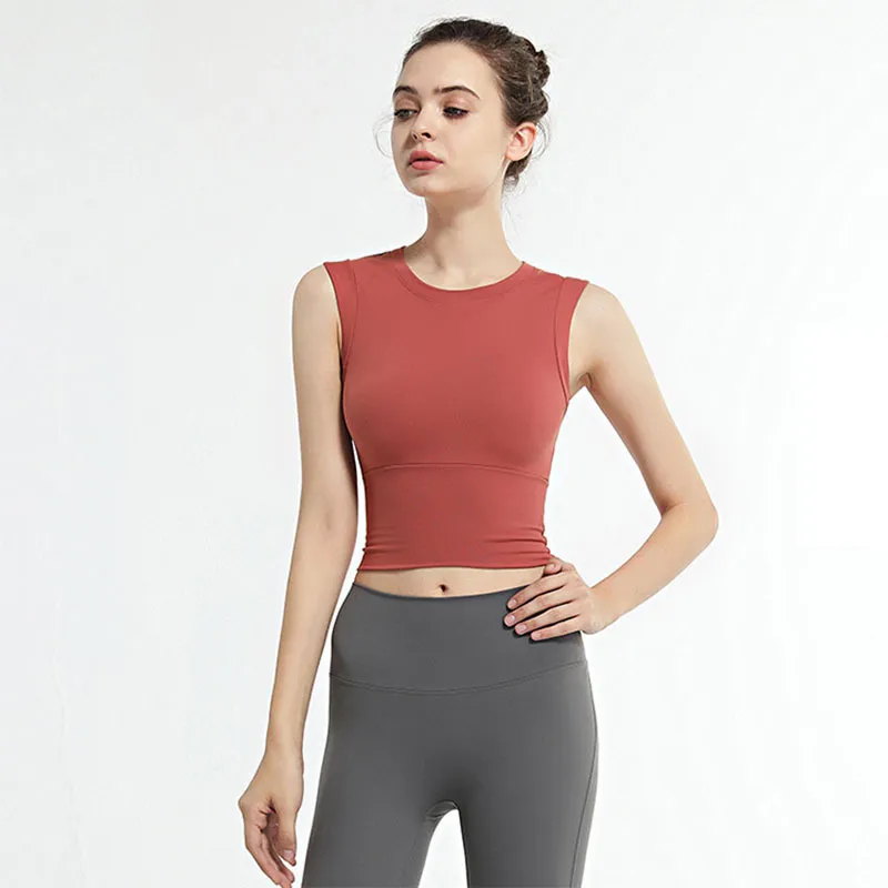 Women Casual Tight Solid Color Round Neck Sleeveless Sports Tank Top