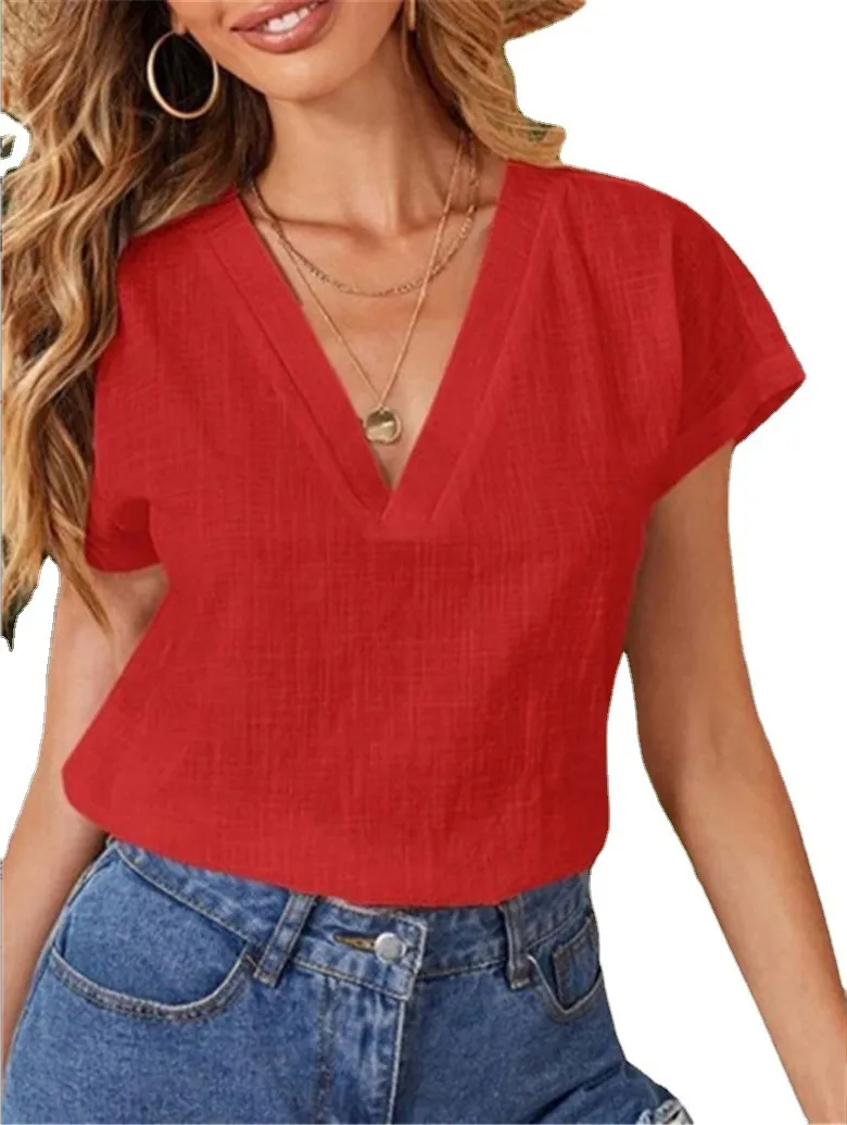 Women Casual Summer Solid Color Loose Short-Sleeved V Neck Short-Sleeved Blouse