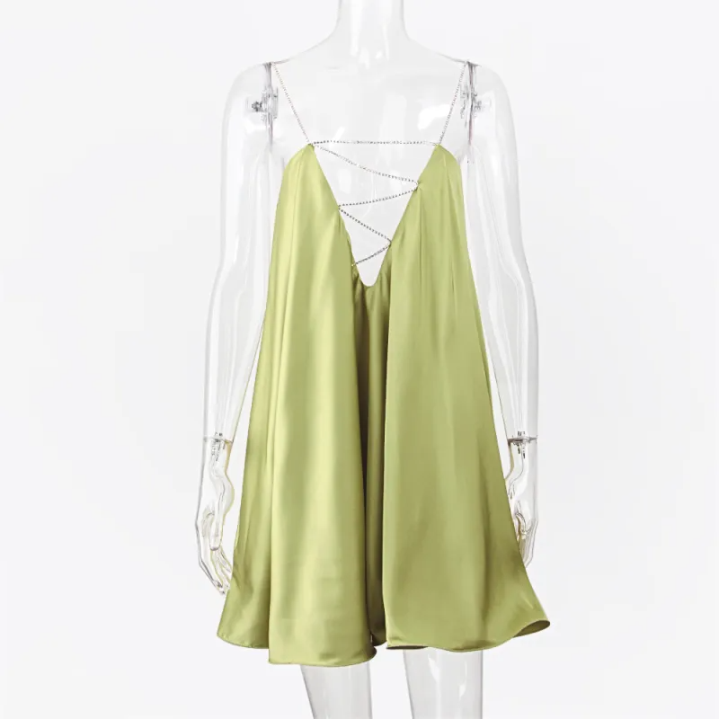 Wmen Night Out Sexy Edgy Summer Cut Out Chain Solid Color Sleeveless Ruffled Satin Mini Dress