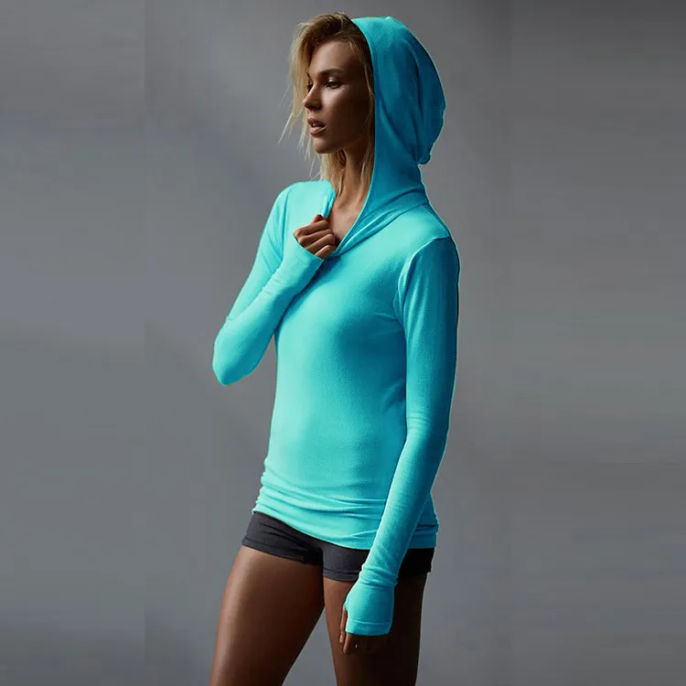 Women Casual Stretch Hooded Long Sleeve Mittens Running Sports Sweatshirt