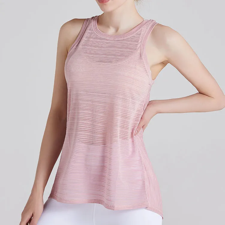 Women Casual Loose Breathable Solid Color Round Neck Sleeveless Back Split Sports Top