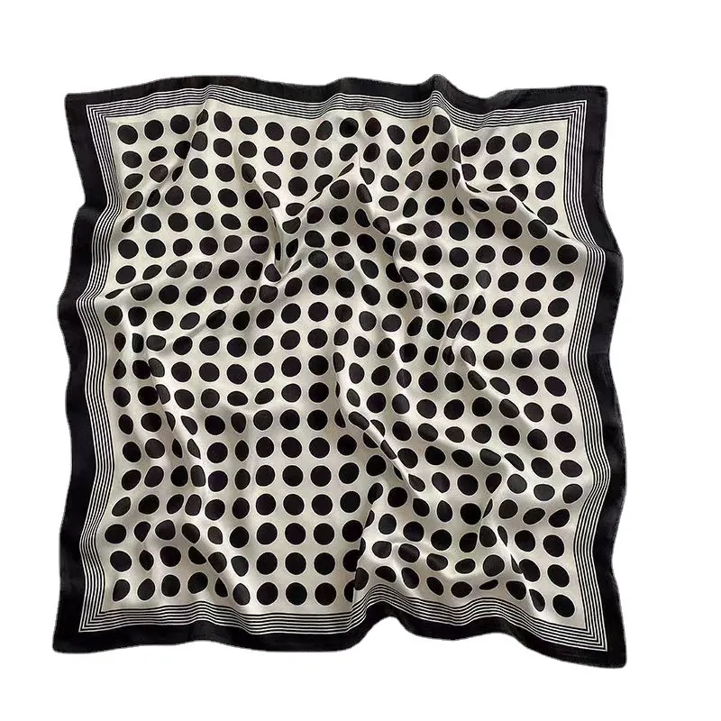 Spring And Summer Fashion Women Elegant Black White Polka Dot Silk Like Satin Scarf