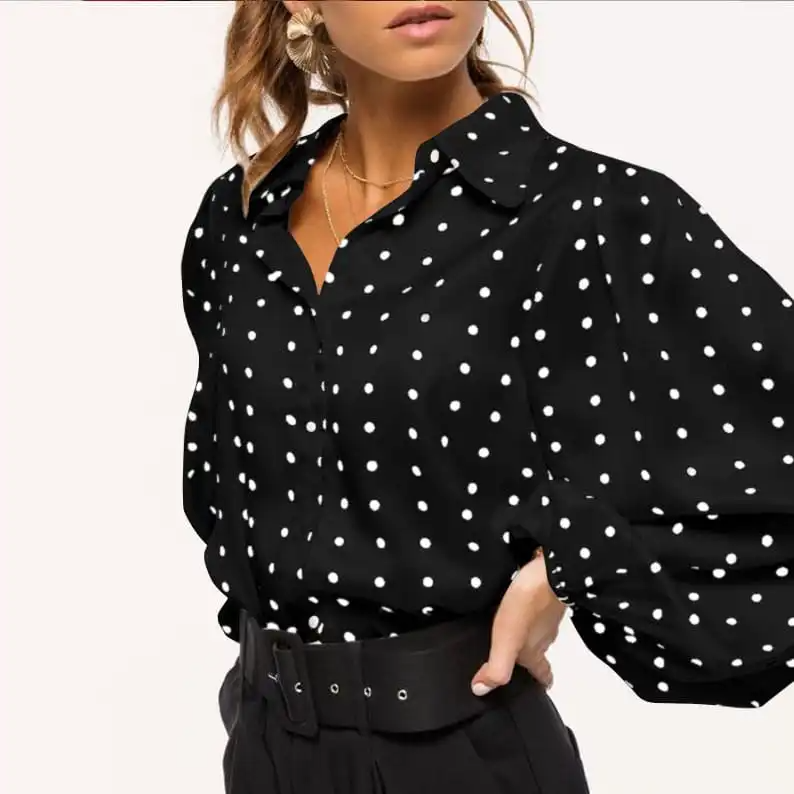 Women Fashion Single Breasted Polka Dot Printed Lantern Sleeve Blouse
