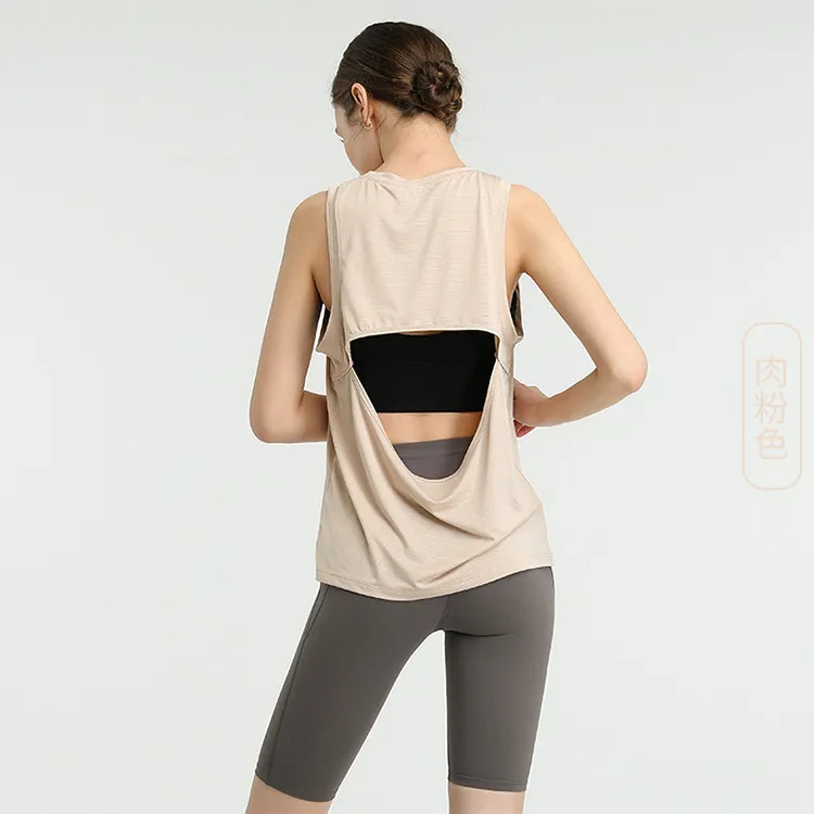Women Casual Loose Solid Color Round Neck Sleeveless Back Cut Out Sports Tank Top