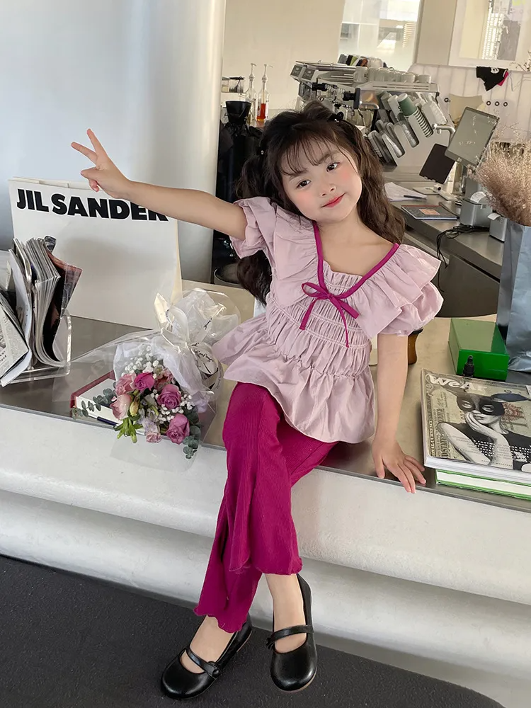 Children Kids Baby Fashion Girls Short Sleeve Bowknot Top And Flared Pants 2pcs Set