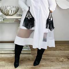 Woman Casual Fashion Mesh Patchwork Tassel Shirt Dress