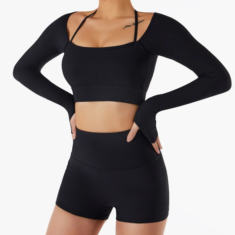 Women'S Fashion Solid Color Halter Neck Slim-Fit Fitness Tight Sports Long Sleeve Top