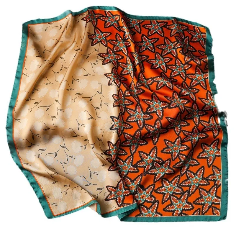 Fashion Stitching Orange Maple Leaf Imitation Silk 70 Square Scarf