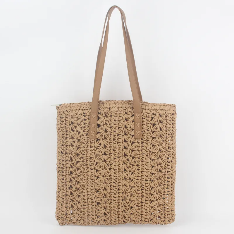 Women Pastoral Design Solid Color Straw Large Capacity Woven Shoulder Handle Bag