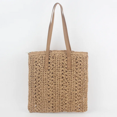 Women Pastoral Design Solid Color Straw Large Capacity Woven Shoulder Handle Bag