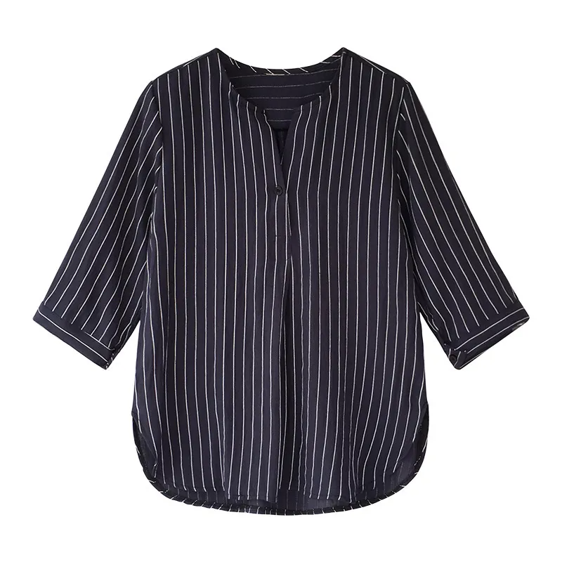 Women Office Summer V Neck Striped Loose Blouse