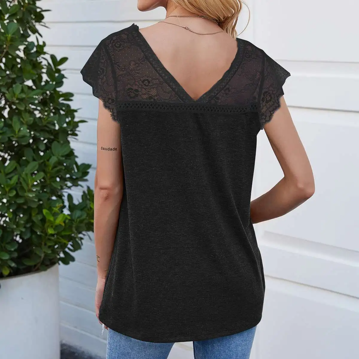 Women V-Neck Short-Sleeve Lace Patchwork Loose Blouse