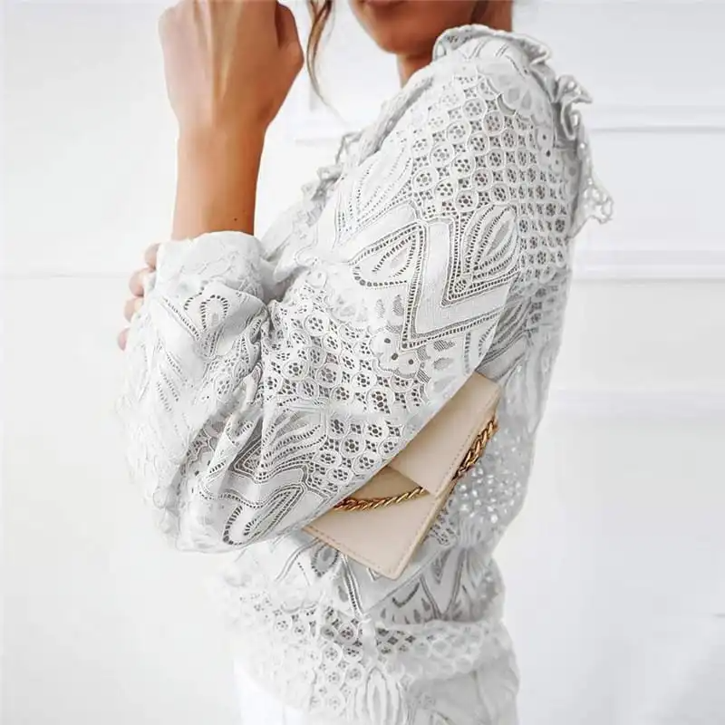 Women Chic Mock Neck Lace Patchwork Ruffle Blouse