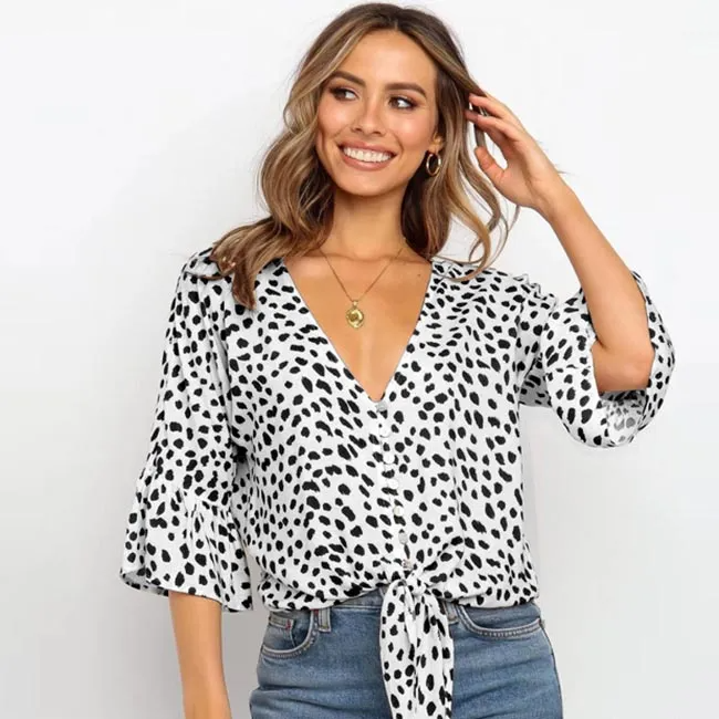 Women V Neck Lace-Up Printed Blouse