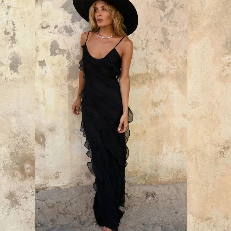 Women Fashion Sexy Solid Color Spaghetti Strap Ruffled Dress