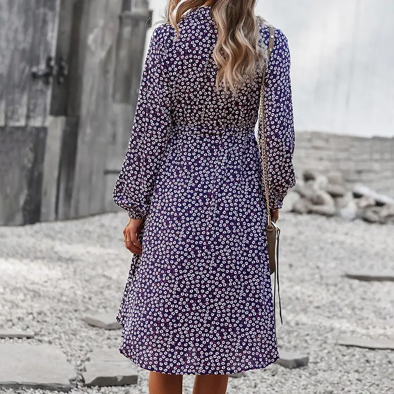 Women Fashion Tiny Flower Printed Single-Breasted Dress